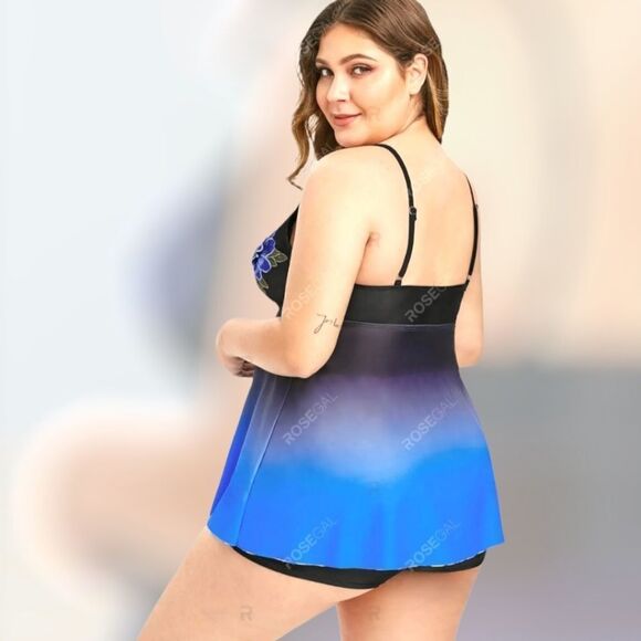 ROSEGAL Ombre Lattice Floral Embroidered Applique Two- Piece Plus Size  Swimsuit - Picture 9 of 16